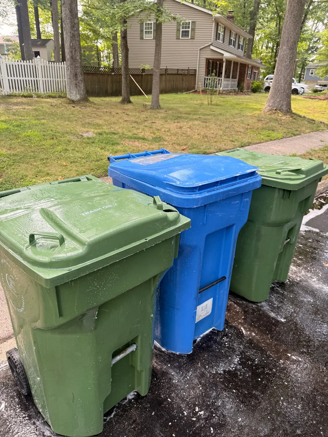 Row of cleaned trash and recycling bins